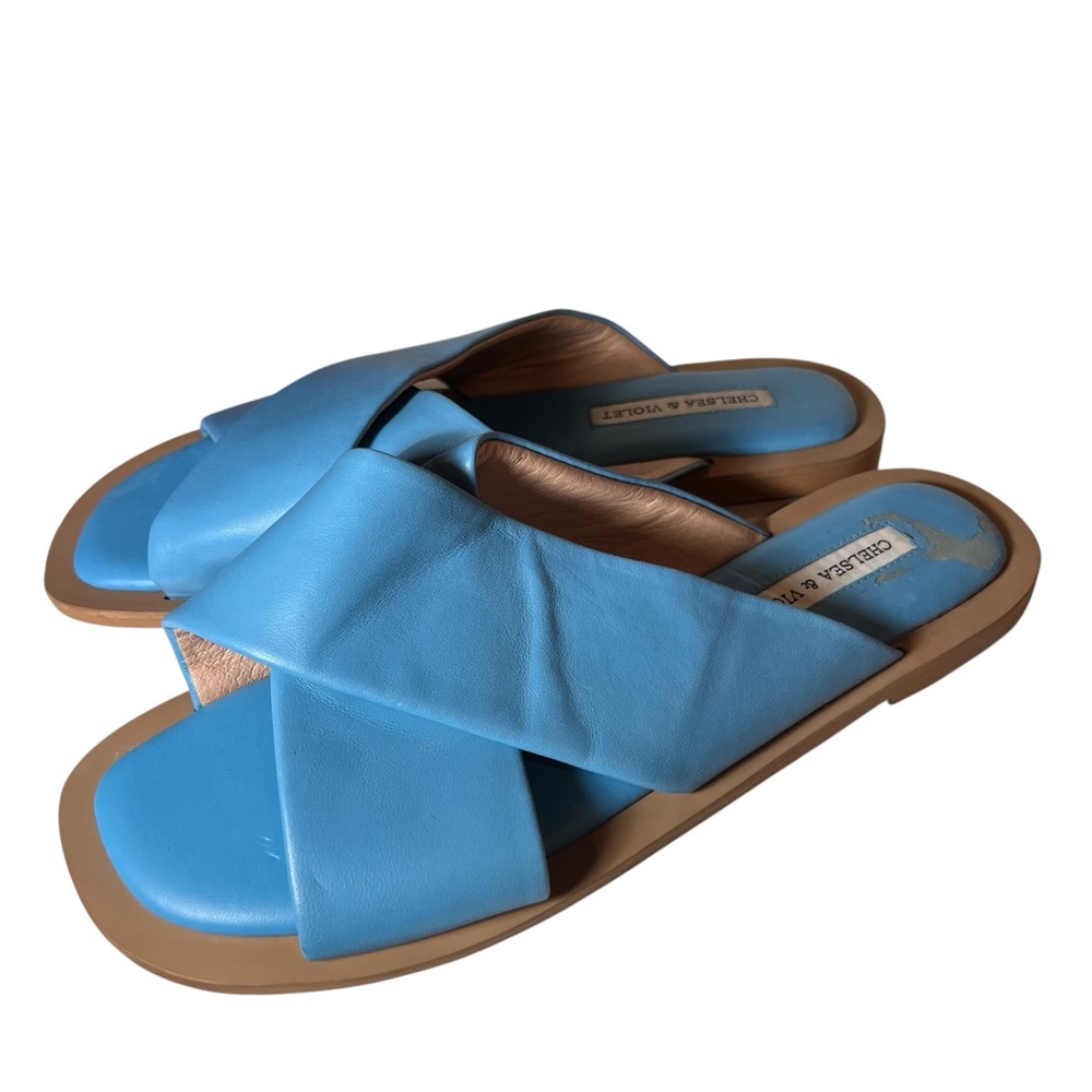 Chelsea Violet Blue Cross Band Slides Sandals Open Toe Faux Leather Women 9.5